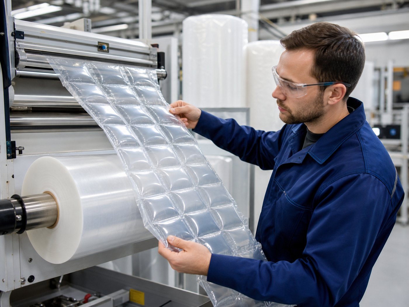 Air cushioning film production line with operator inspection