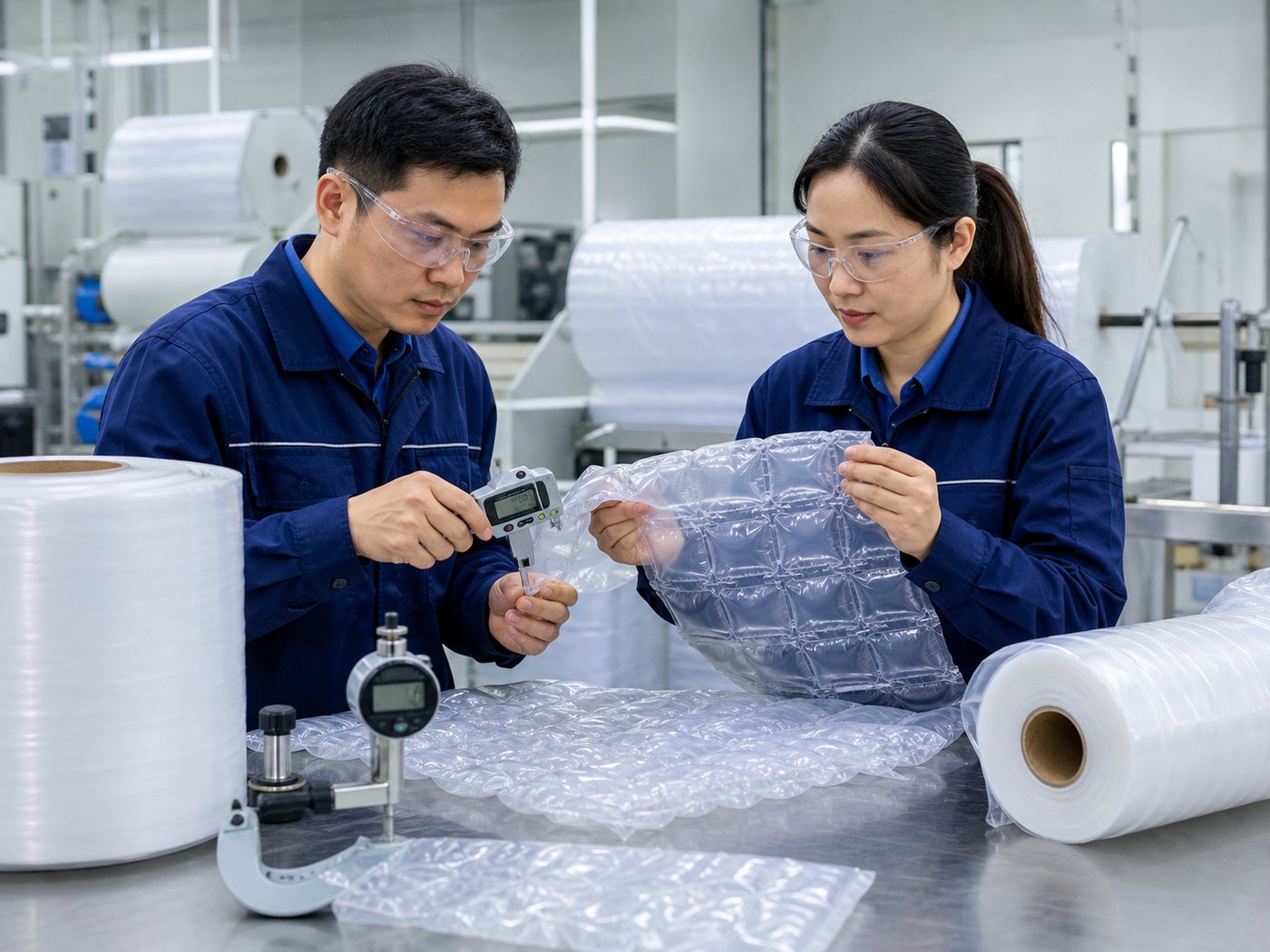 Air cushioning film quality control and material testing