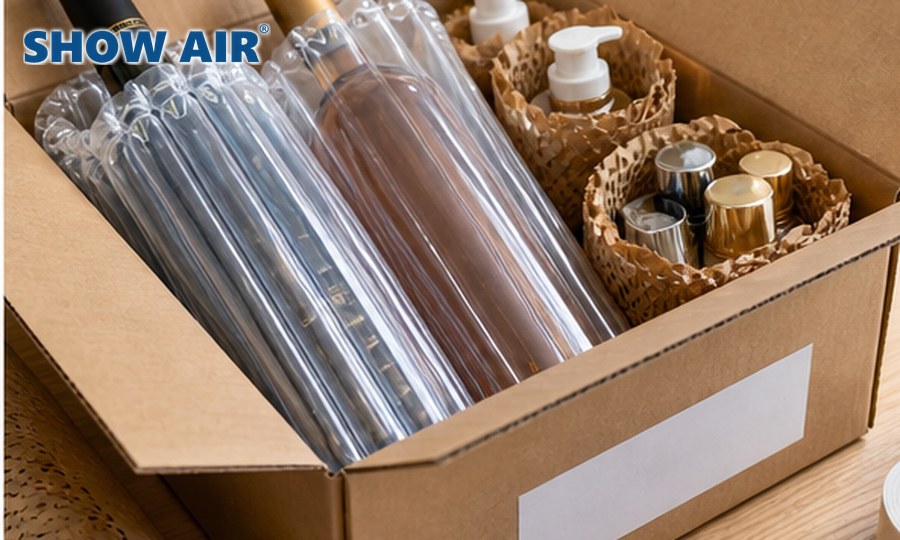 SHOWAIR branded wine bottle and cosmetics protective packaging solution