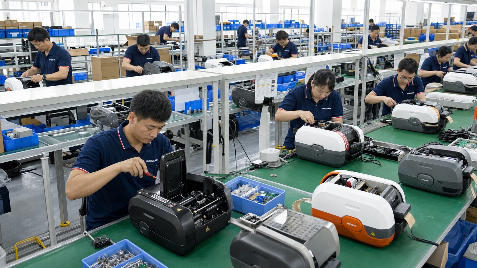 SHOWAIR workers assembling varied water-activated tape machines in different production states