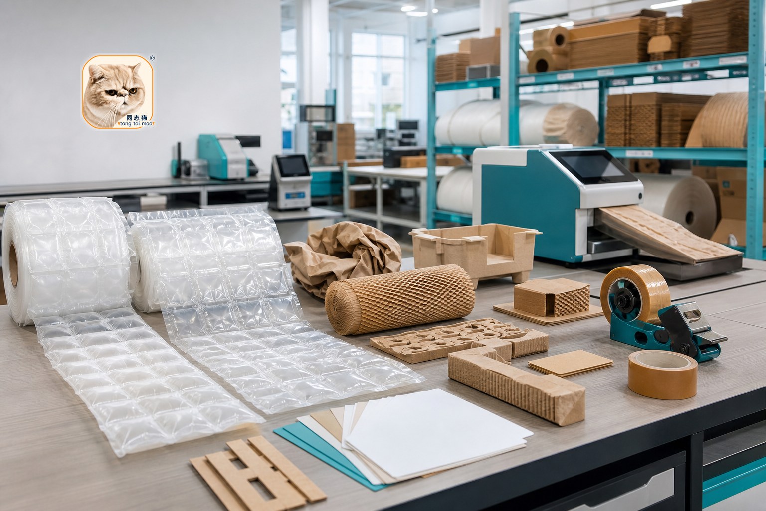 Custom cushioning material systems for branded protective packaging