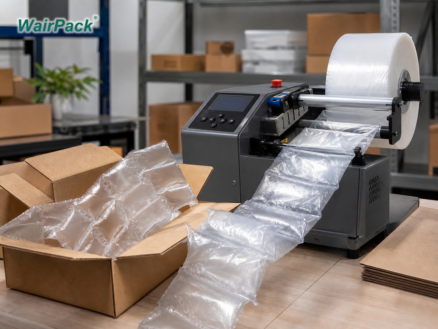 WairPack air cushion machine producing inflated air pillows beside a carton