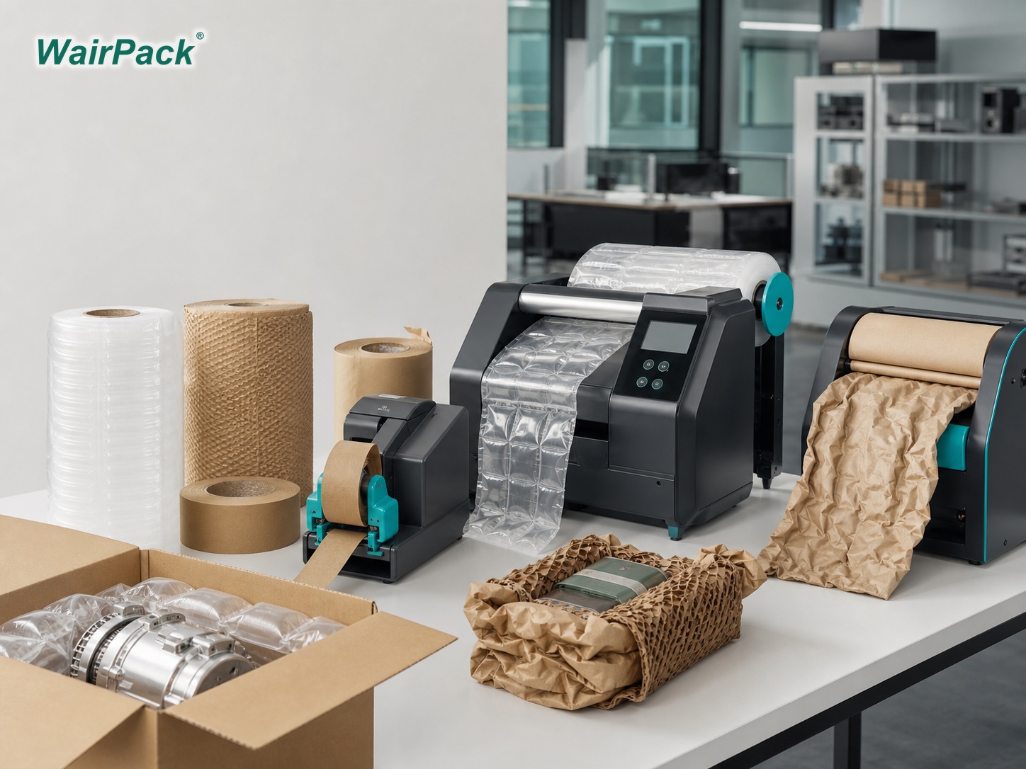 WairPack packaging machines matched with air film, paper, honeycomb paper and tape consumables