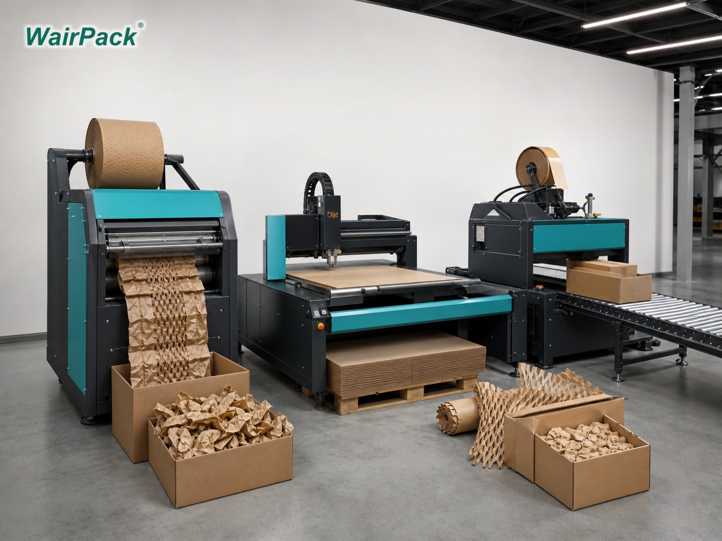 WairPack paper pad, carton cutting, honeycomb paper and tape machine system