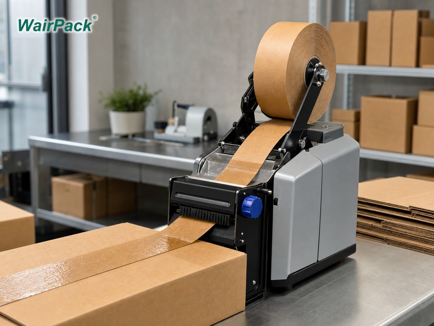 WairPack tape machine applying water-activated kraft tape to a shipping carton